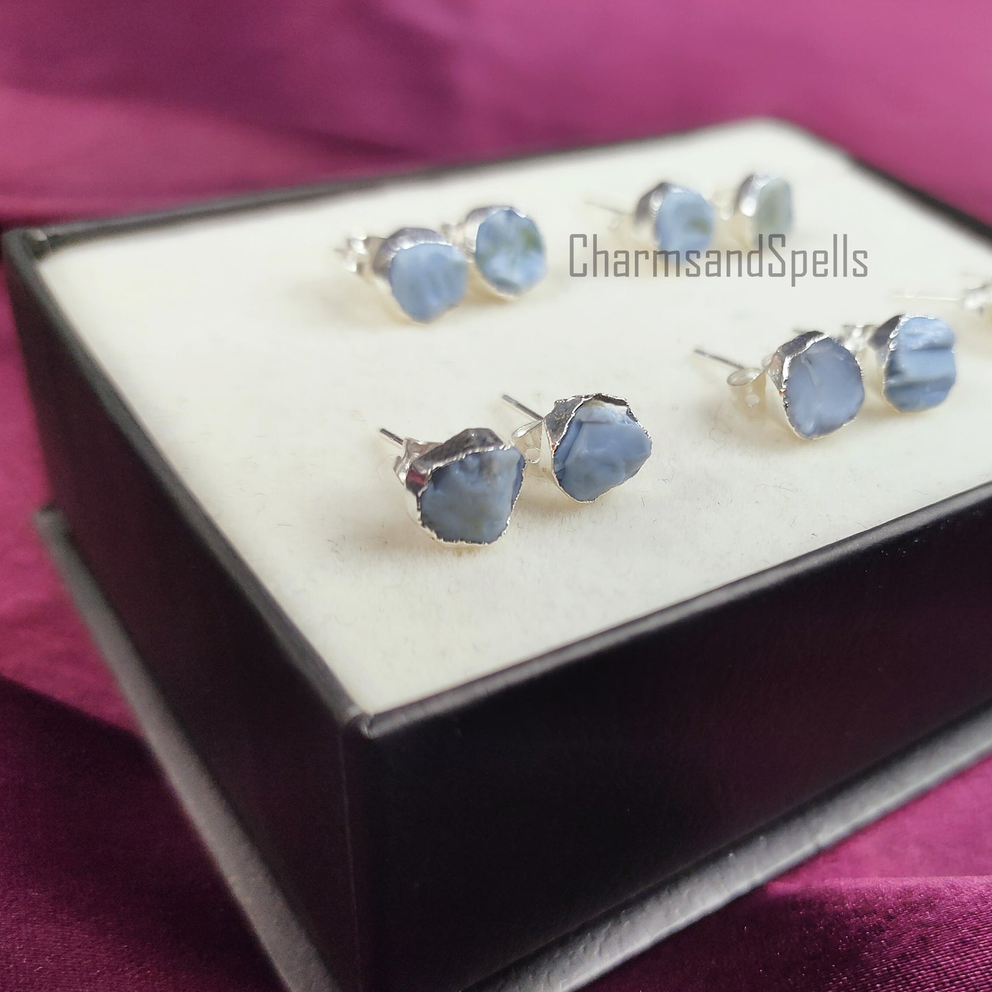 Rough Blue Opal Stud Earrings, Silver Plated Studs, Opal Gemstone Stud Earrings, Raw Blue Opal Earrings, Crystal Earrings, Fashion Jewelry