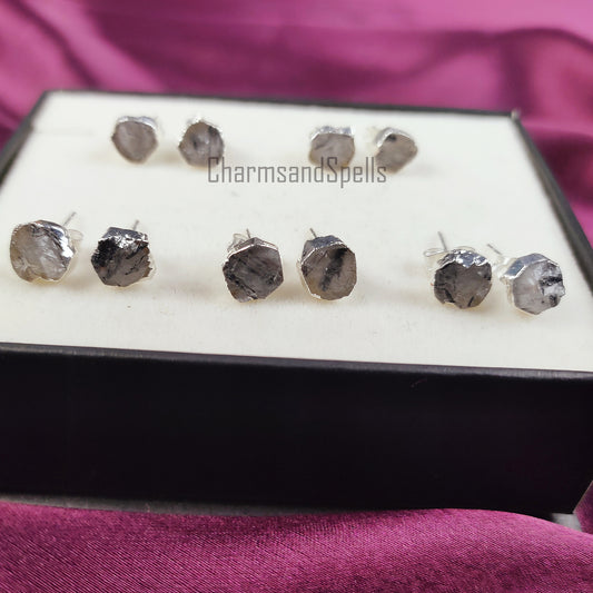 Raw Black Rutile Gemstone Stud Earrings, Crystal Stud Earrings, Silver Plated Earrings, Electroplated Studs, Boho Earrings, Fashion Jewelry