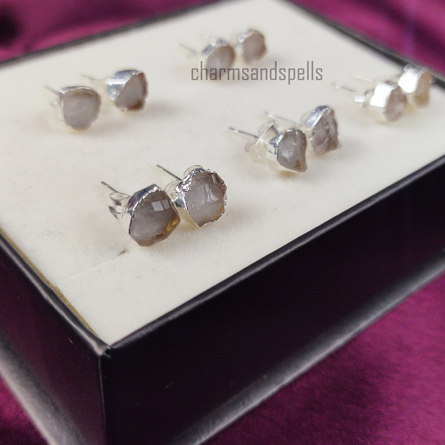 Natural Clear Crystal Gemstone Stud Earrings, Silver Plated Stud, Clear Quartz Earrings, Electroplated Earring, Wedding Bridesmaid Gifts