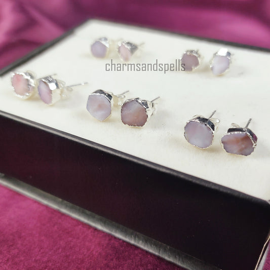 Raw Pink Opal Earrings, Silver Plated Earrings, Gemstone Stud Earrings, Electroplated Earrings, Fashion Earrings, Rough Pink Opal Stud, Gift