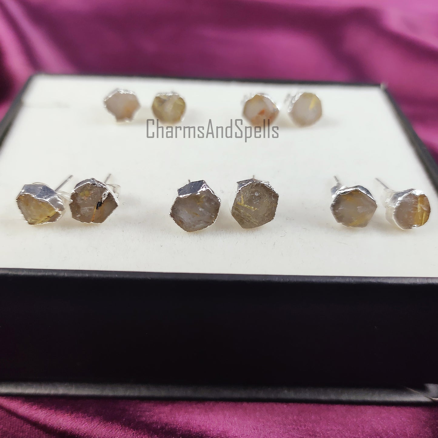 Raw Golden Rutile Gemstone Stud Earrings, Silver Plated Studs, Electroplated Stud Earrings, Rough Healing Crystal Earrings, Fashion Earrings