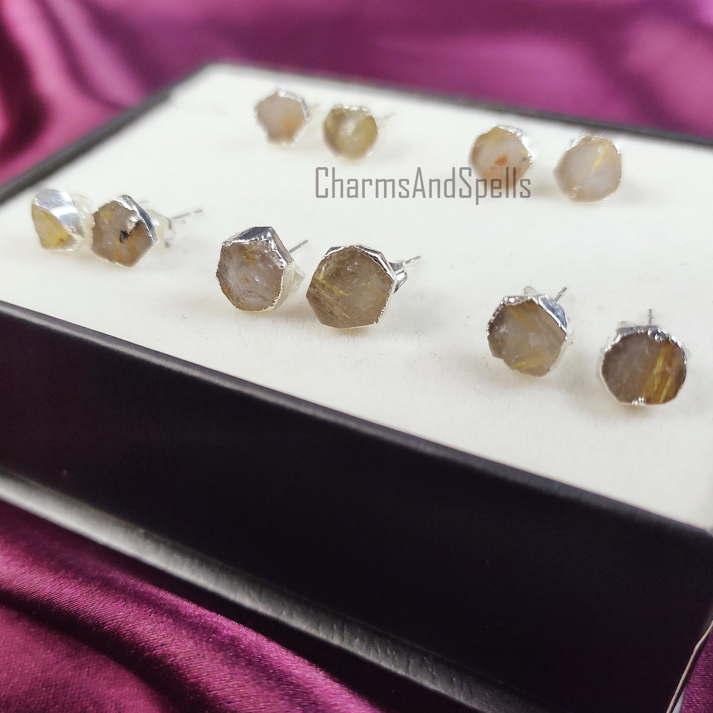 Raw Golden Rutile Gemstone Stud Earrings, Silver Plated Studs, Electroplated Stud Earrings, Rough Healing Crystal Earrings, Fashion Earrings