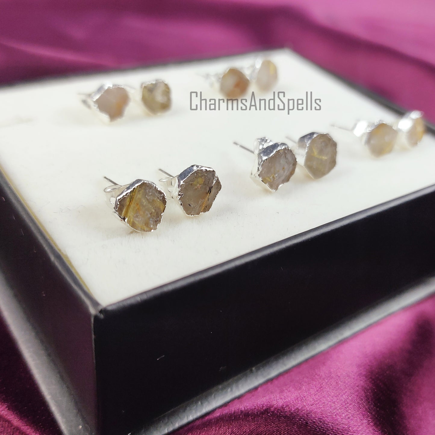 Raw Golden Rutile Gemstone Stud Earrings, Silver Plated Studs, Electroplated Stud Earrings, Rough Healing Crystal Earrings, Fashion Earrings