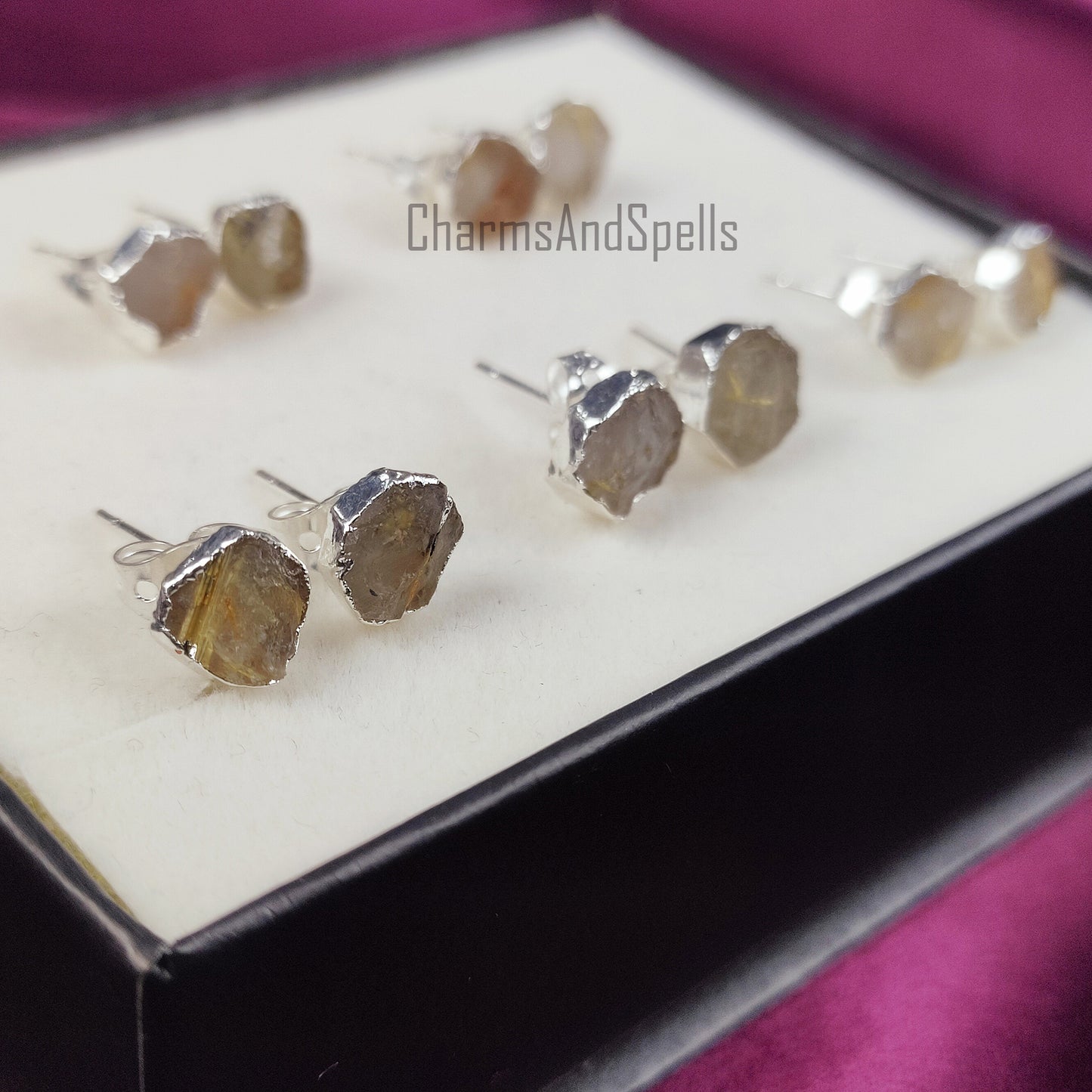 Raw Golden Rutile Gemstone Stud Earrings, Silver Plated Studs, Electroplated Stud Earrings, Rough Healing Crystal Earrings, Fashion Earrings