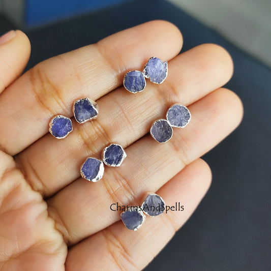 Natural Rough Tanzanite Stud Earrings, Silver Plated Earrings, Raw Gemstone Stud Earrings, December Birthstone Gift, Minimalist StudEarrings