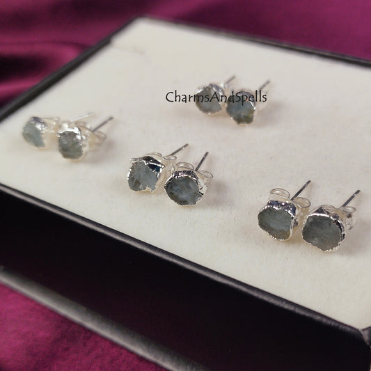 Raw Aquamarine Stud Earrings, Silver Plated Stud Earrings, Electroplated Earrings, Aquamarine Jewelry, Raw Gemstone Earrings, Women Earrings