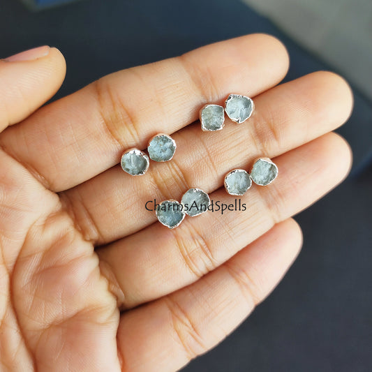 Raw Aquamarine Stud Earrings, Silver Plated Stud Earrings, Electroplated Earrings, Aquamarine Jewelry, Raw Gemstone Earrings, Women Earrings