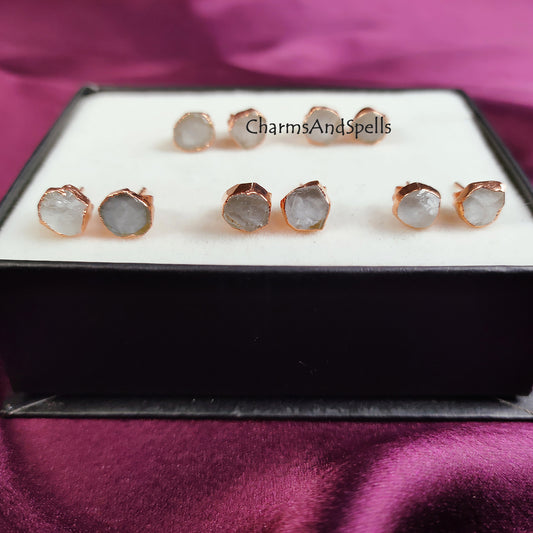 Natural Clear Crystal Quartz Stud Earrings, Rose Gold Plated Stud, Clear Quartz Gemstone Earrings, Electroplated Earring, Bridesmaid Gifts