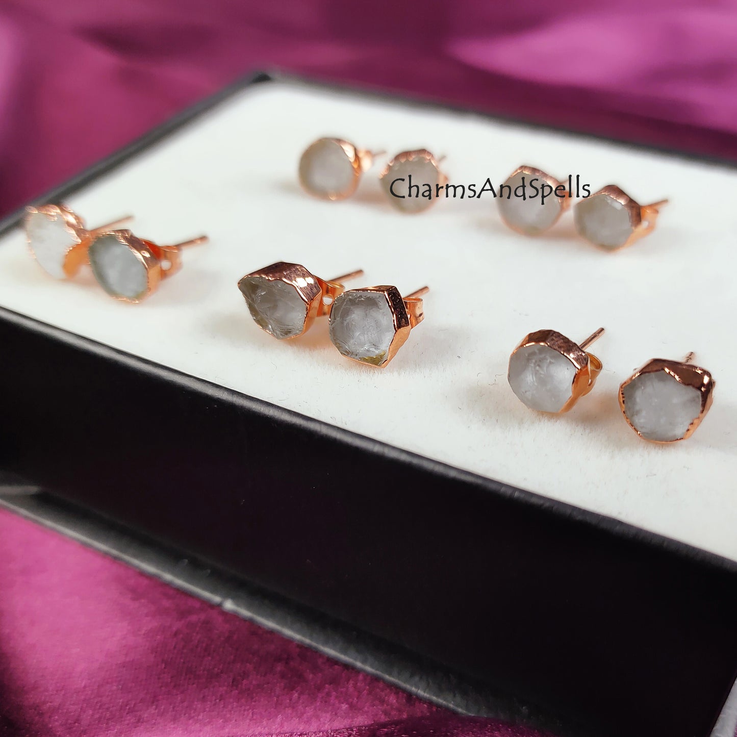 Natural Clear Crystal Quartz Stud Earrings, Rose Gold Plated Stud, Clear Quartz Gemstone Earrings, Electroplated Earring, Bridesmaid Gifts