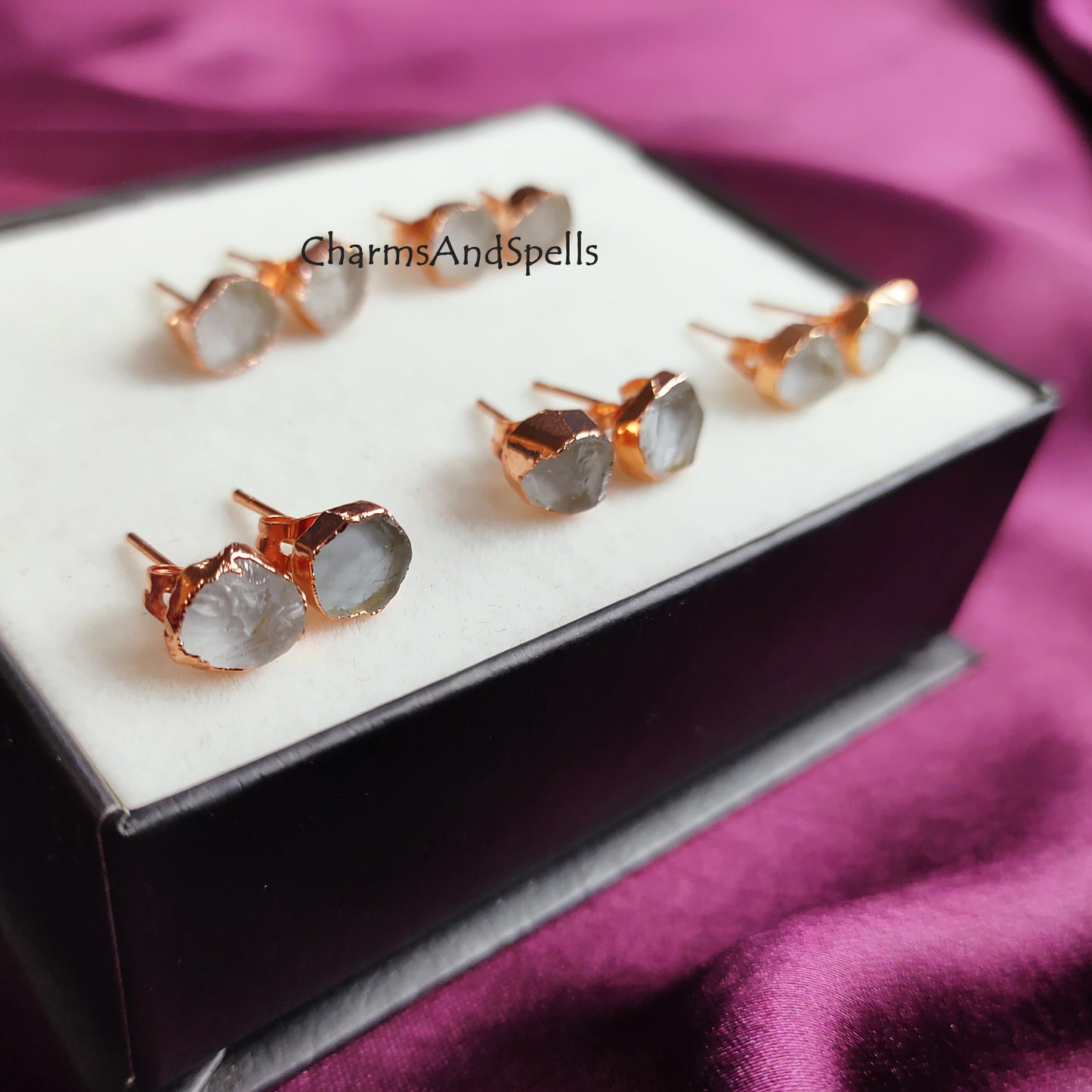 Natural Clear Crystal Quartz Stud Earrings, Rose Gold Plated Stud, Clear Quartz Gemstone Earrings, Electroplated Earring, Bridesmaid Gifts