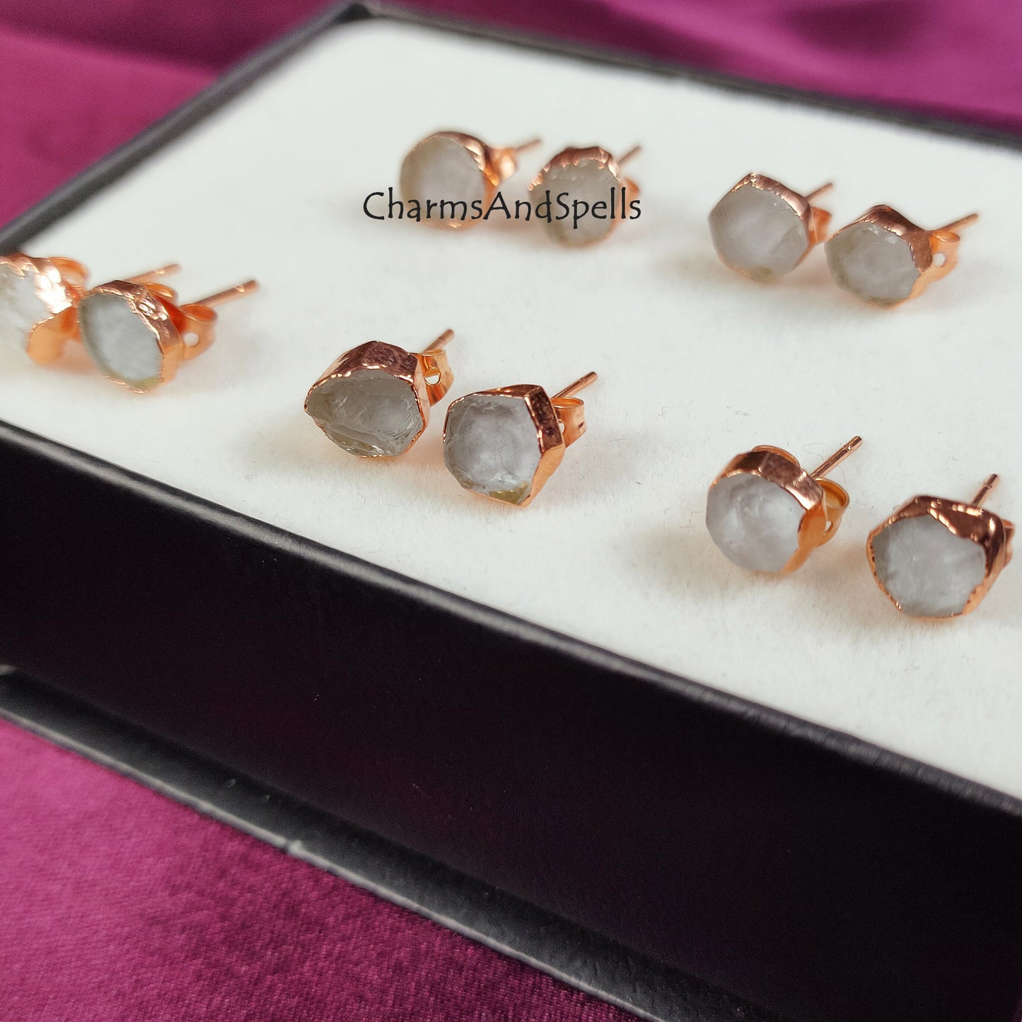 Natural Clear Crystal Quartz Stud Earrings, Rose Gold Plated Stud, Clear Quartz Gemstone Earrings, Electroplated Earring, Bridesmaid Gifts