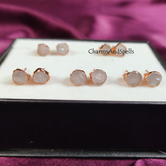 Raw Rose Quartz Earrings, Rose Gold Plated Earrings, Birthstone Earrings, Rose Quartz Stud Earrings, Raw Crystal Stud, Raw Gemstone Studs