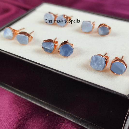 Rough Blue Opal Stud Earrings, Rose Gold Plated Earring, Opal Gemstone Stud Earrings, Raw Blue Opal Earrings, Boho Jewelry,