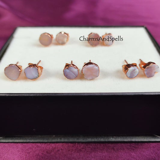 Raw Pink Opal Earrings, Rose Gold Plated Earrings, Rough Pink Opal Studs, Gemstone Stud Earrings, Electroplated Earrings, Fashion Earrings