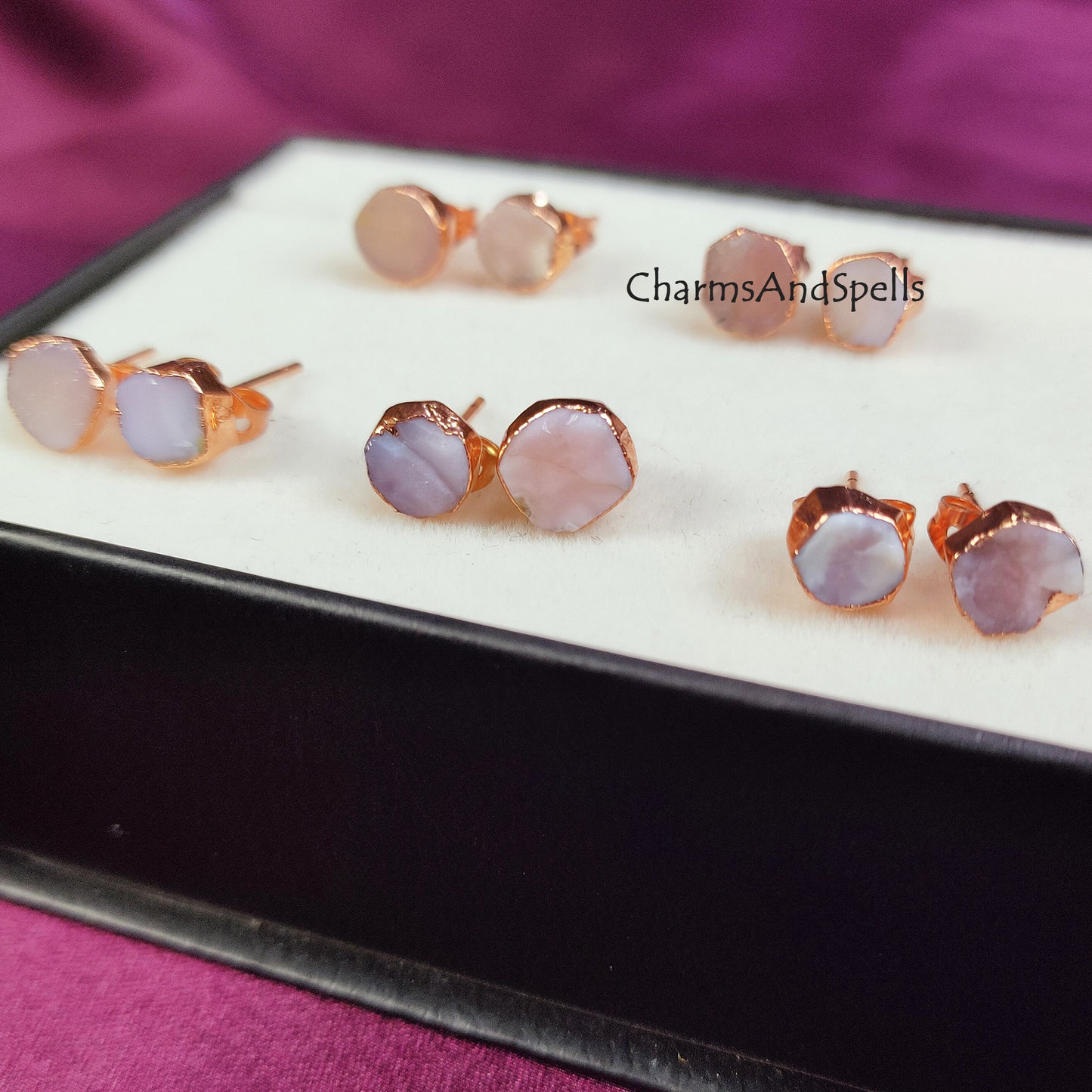 Raw Pink Opal Earrings, Rose Gold Plated Earrings, Rough Pink Opal Studs, Gemstone Stud Earrings, Electroplated Earrings, Fashion Earrings