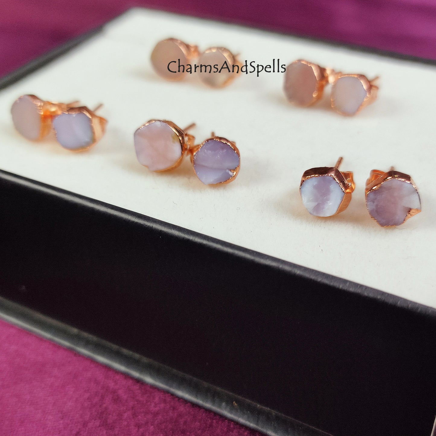 Raw Pink Opal Earrings, Rose Gold Plated Earrings, Rough Pink Opal Studs, Gemstone Stud Earrings, Electroplated Earrings, Fashion Earrings