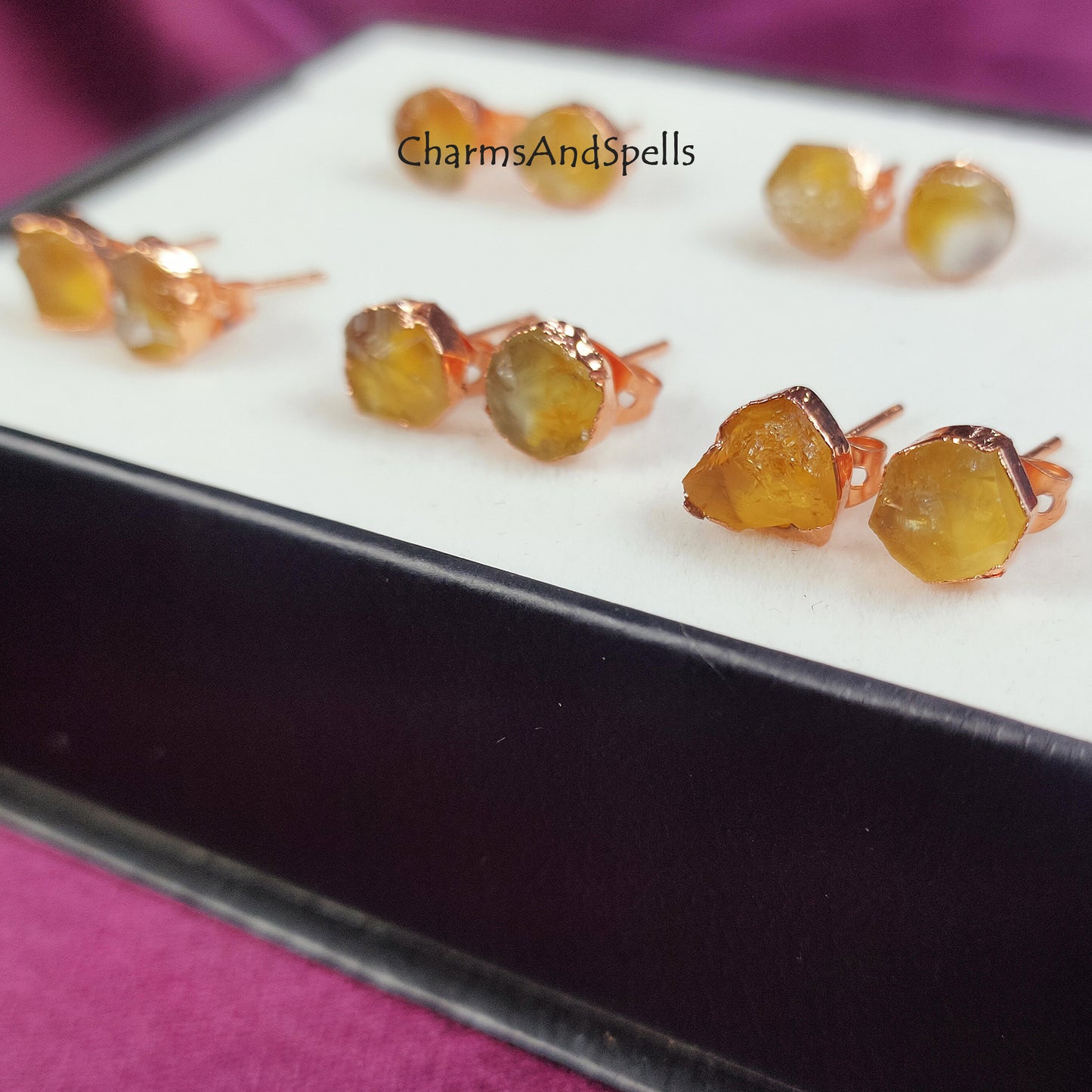 Raw Yellow Citrine Earrings, Rose Gold Plated Earring, Citrine Stud Earrings, November Birthstone Earrings, Boho Earring, Raw Stone Earrings