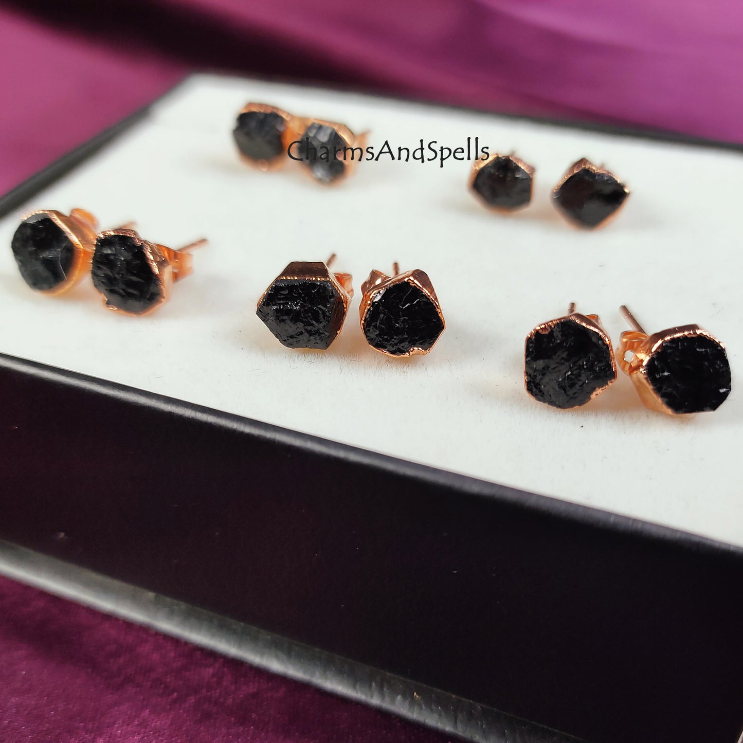 Rough Black Tourmaline Protection Earrings, Rose Gold Plated Stud Earrings, Gemstone Studs, Everyday Jewelry, Spiritual Jewelry, Dainty Gift