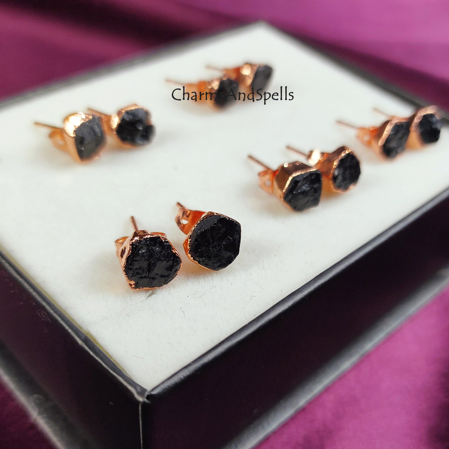 Rough Black Tourmaline Protection Earrings, Rose Gold Plated Stud Earrings, Gemstone Studs, Everyday Jewelry, Spiritual Jewelry, Dainty Gift