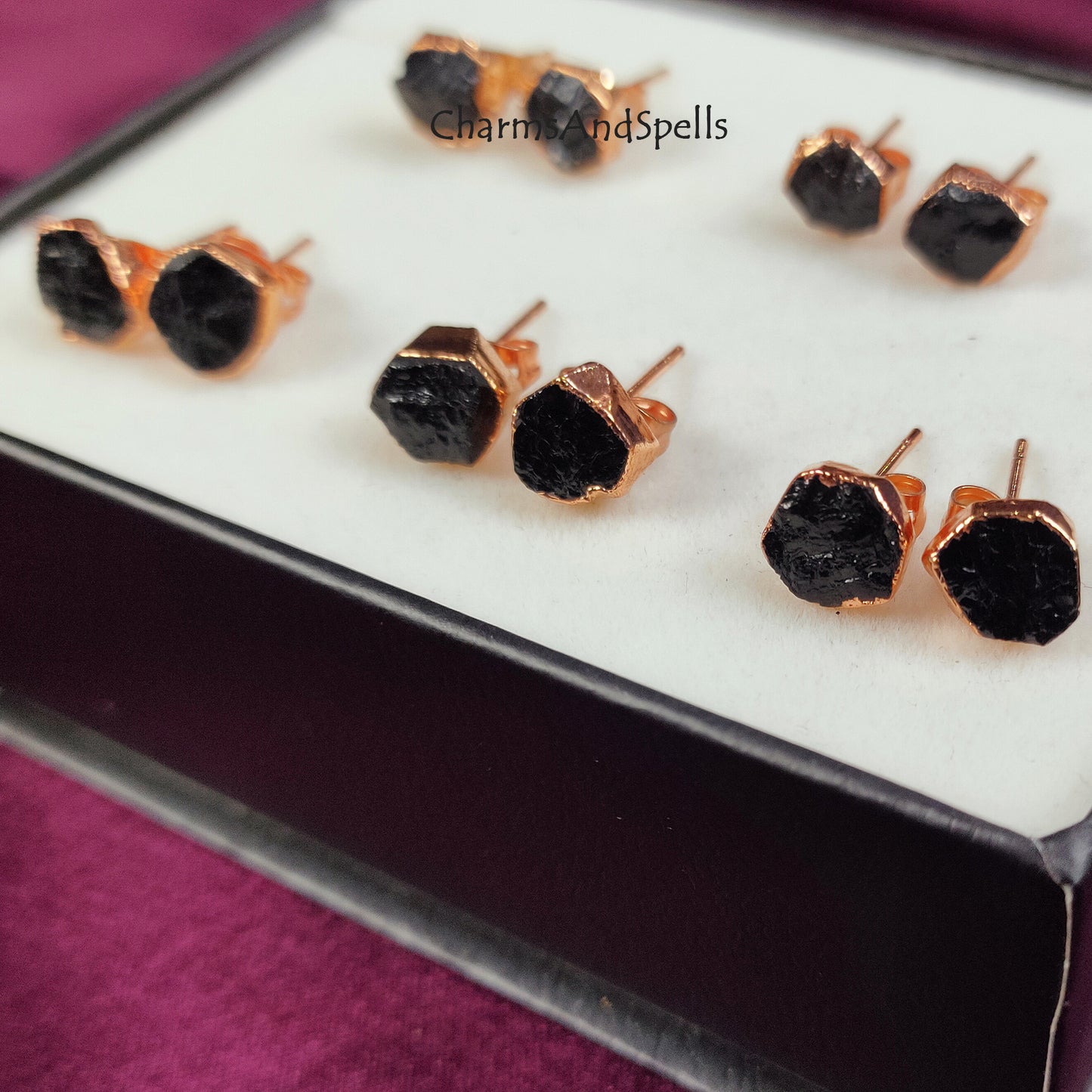 Rough Black Tourmaline Protection Earrings, Rose Gold Plated Stud Earrings, Gemstone Studs, Everyday Jewelry, Spiritual Jewelry, Dainty Gift