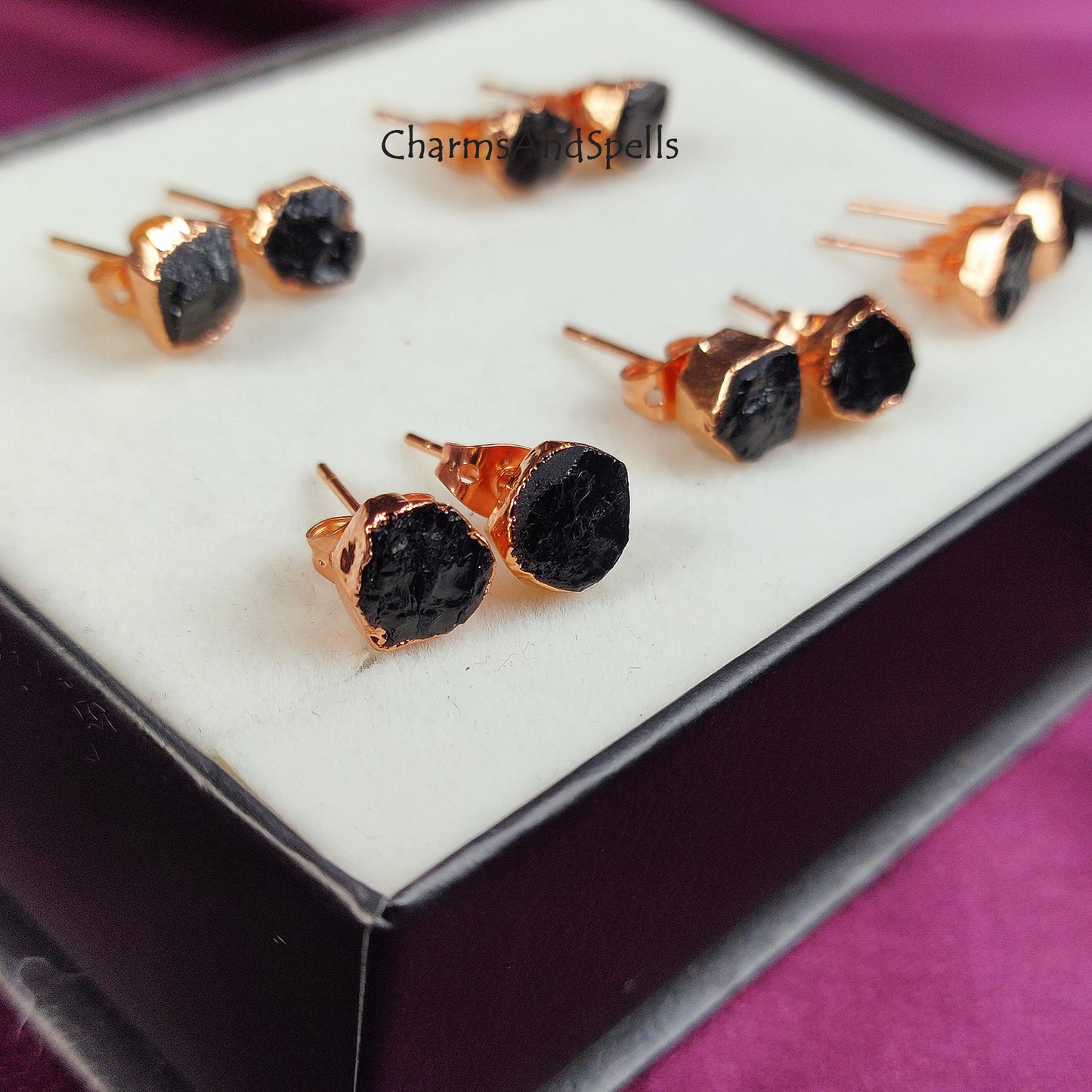 Rough Black Tourmaline Protection Earrings, Rose Gold Plated Stud Earrings, Gemstone Studs, Everyday Jewelry, Spiritual Jewelry, Dainty Gift