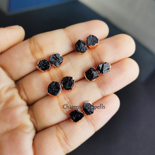 Rough Black Tourmaline Protection Earrings, Rose Gold Plated Stud Earrings, Gemstone Studs, Everyday Jewelry, Spiritual Jewelry, Dainty Gift