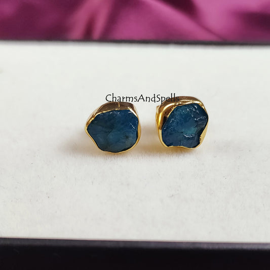 Raw Neon Apatite Crystal Studs, Genuine Gemstone Earring Sets, Crystal Jewelry, Rough Birthstone Gold Plated Studs, Bridesmaid Group Gifts