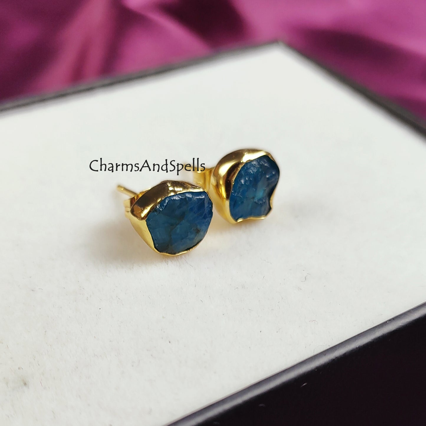 Raw Neon Apatite Crystal Studs, Genuine Gemstone Earring Sets, Crystal Jewelry, Rough Birthstone Gold Plated Studs, Bridesmaid Group Gifts