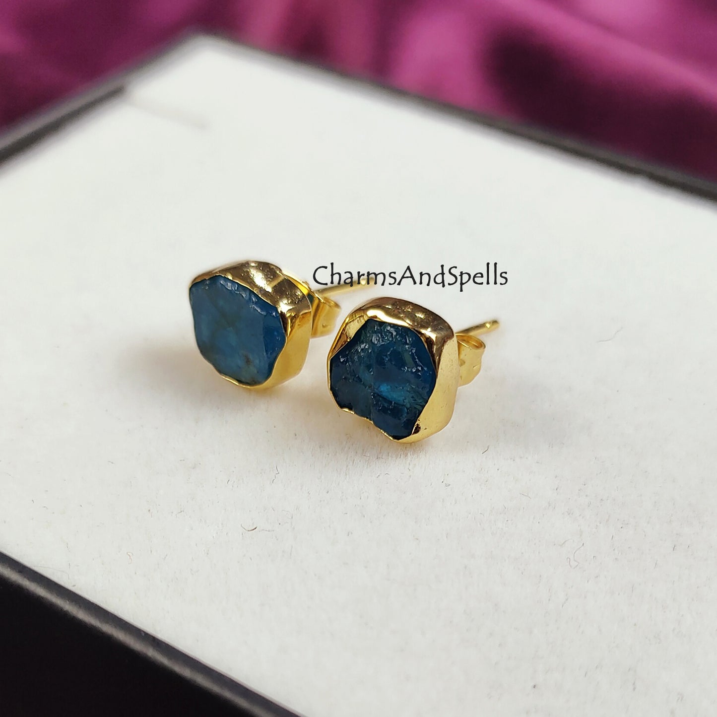 Raw Neon Apatite Crystal Studs, Genuine Gemstone Earring Sets, Crystal Jewelry, Rough Birthstone Gold Plated Studs, Bridesmaid Group Gifts