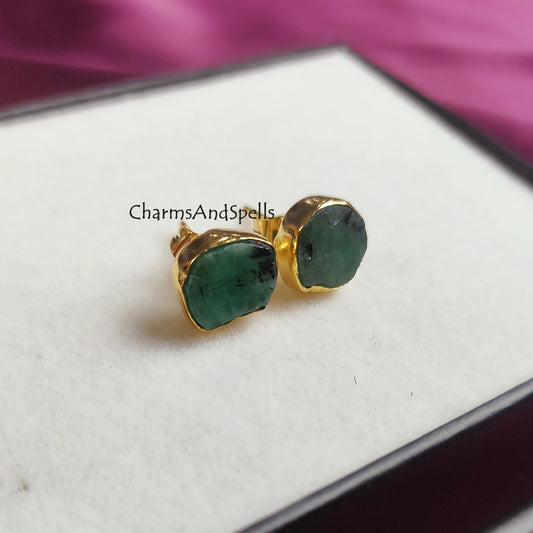 Raw emerald earrings for bridesmaids gift, natural green emerald studs, wedding anniversary gift for her, green stud earring, gift for woman