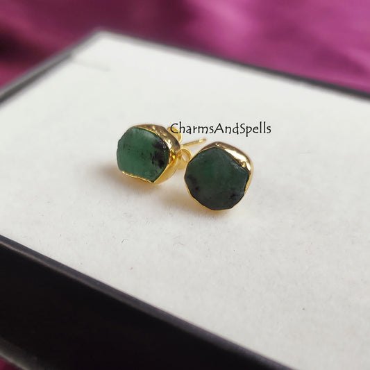 Raw emerald earrings for bridesmaids gift, natural green emerald studs, wedding anniversary gift for her, green stud earring, gift for woman