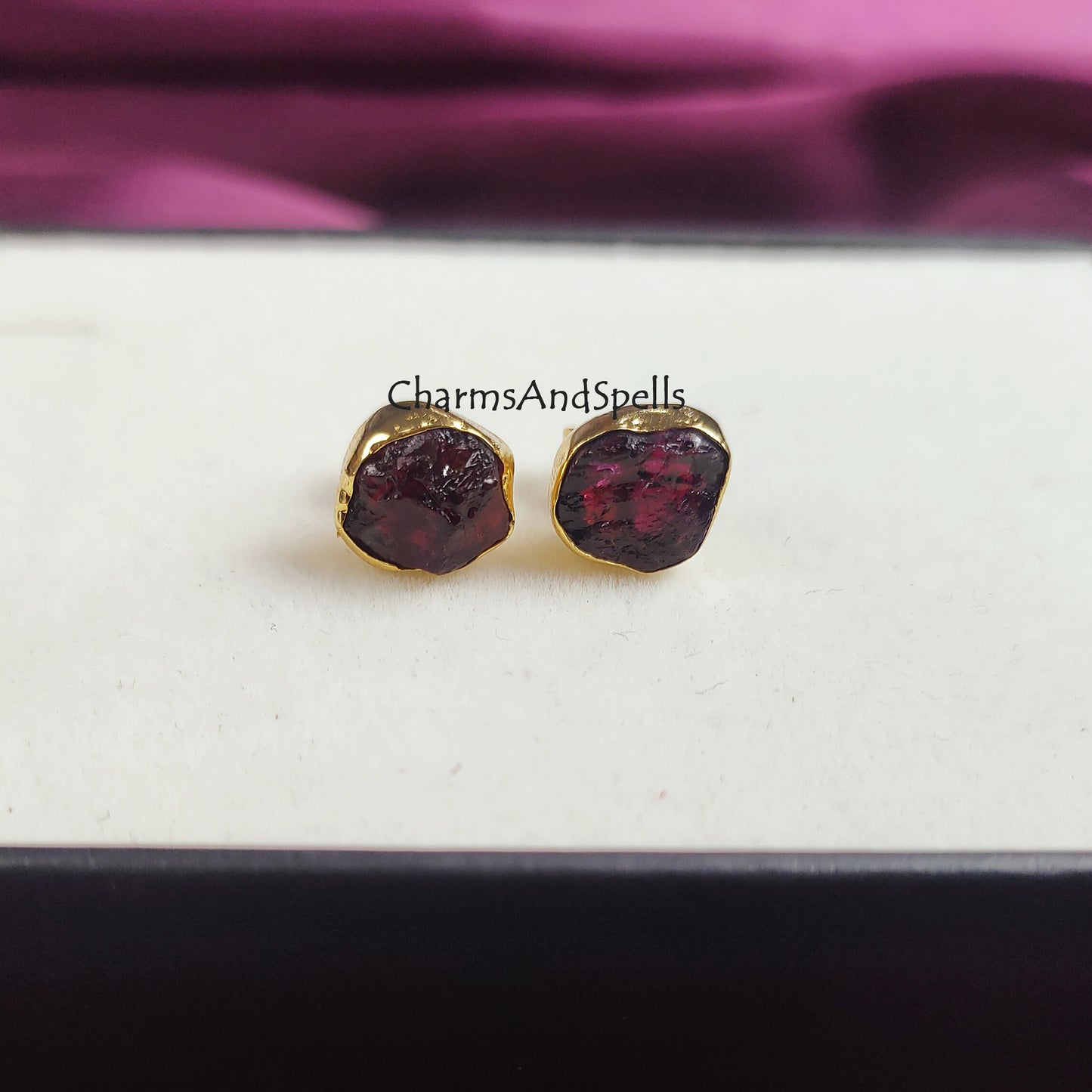 Natural Raw Rubelite Stud Earrings, July Birthstone Studs, 14K Gold Plated Raw Ruby Studs Earrings, Gift For Mother, Gift For Woman, Gift