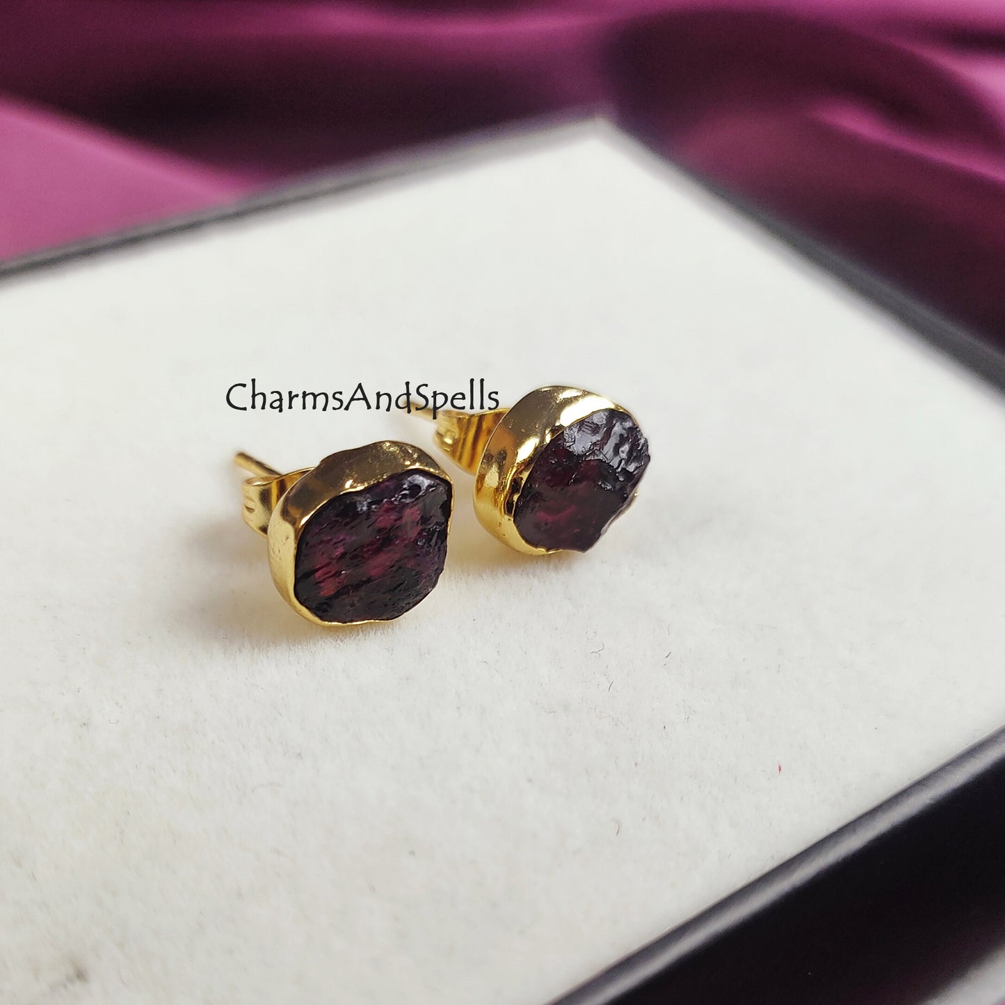 Natural Raw Rubelite Stud Earrings, July Birthstone Studs, 14K Gold Plated Raw Ruby Studs Earrings, Gift For Mother, Gift For Woman, Gift