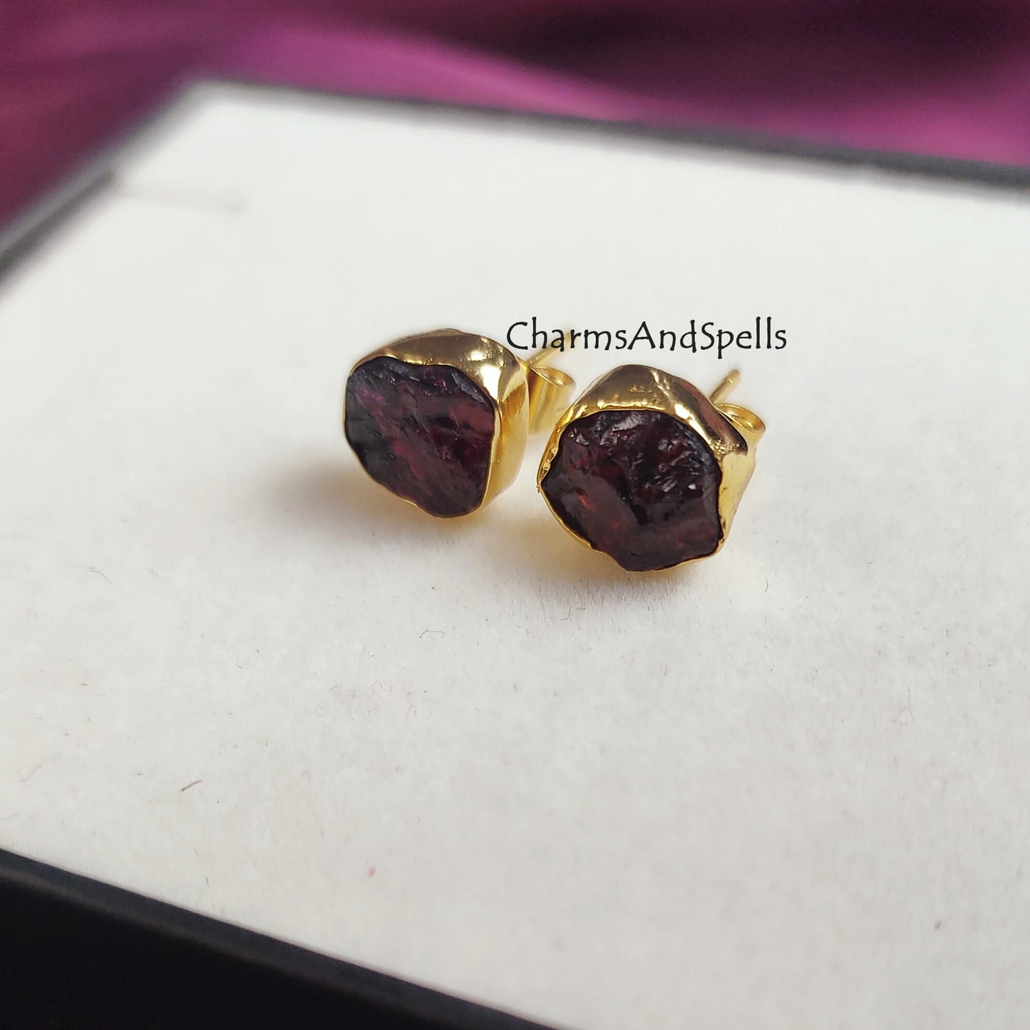 Natural Raw Rubelite Stud Earrings, July Birthstone Studs, 14K Gold Plated Raw Ruby Studs Earrings, Gift For Mother, Gift For Woman, Gift