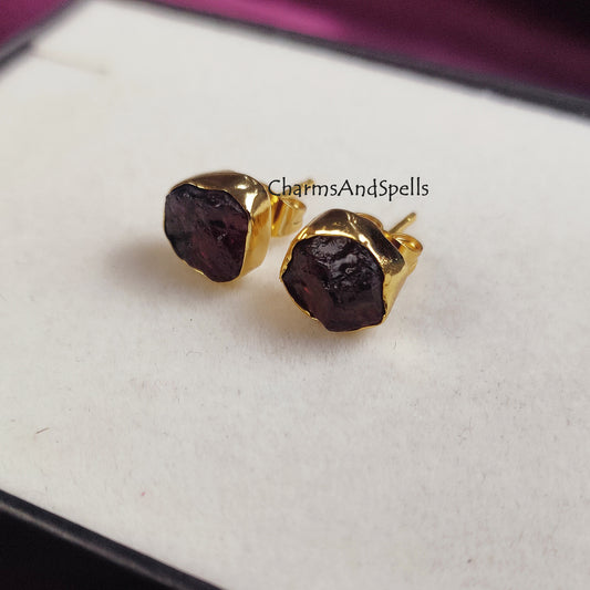 Natural Raw Rubelite Stud Earrings, July Birthstone Studs, 14K Gold Plated Raw Ruby Studs Earrings, Gift For Mother, Gift For Woman, Gift