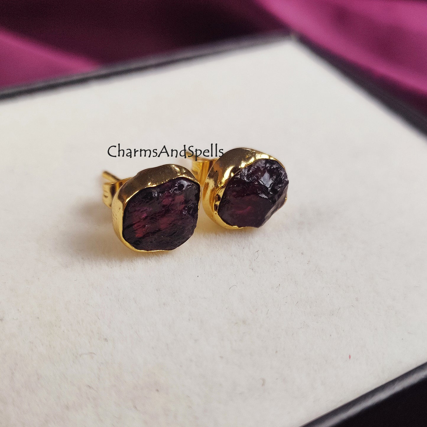 Natural Raw Rubelite Stud Earrings, July Birthstone Studs, 14K Gold Plated Raw Ruby Studs Earrings, Gift For Mother, Gift For Woman, Gift