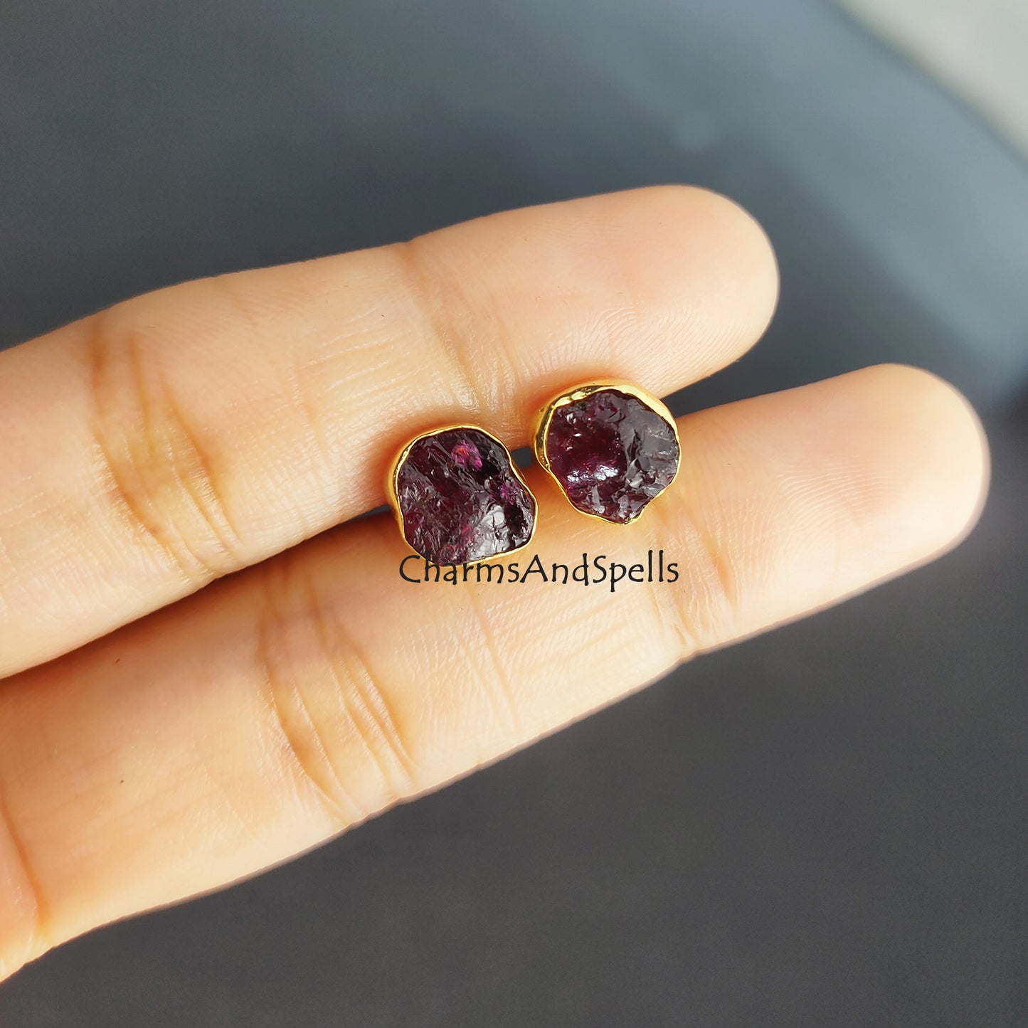 Natural Raw Rubelite Stud Earrings, July Birthstone Studs, 14K Gold Plated Raw Ruby Studs Earrings, Gift For Mother, Gift For Woman, Gift