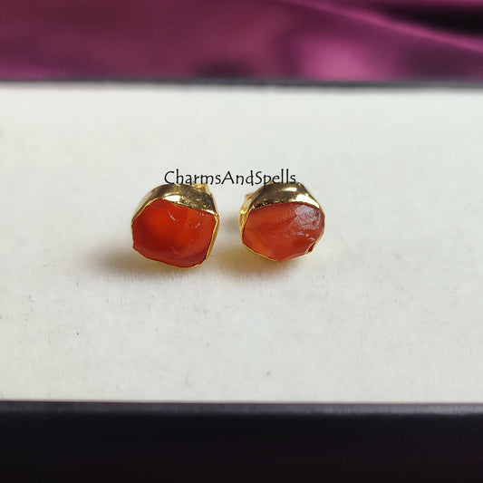 Rough Carnelian Earrings, Carnelian Earrings, Raw Stone Stud Earrings, Confidence Stone, Energy, Manifestation, Solar Plexus,14K Gold Plated