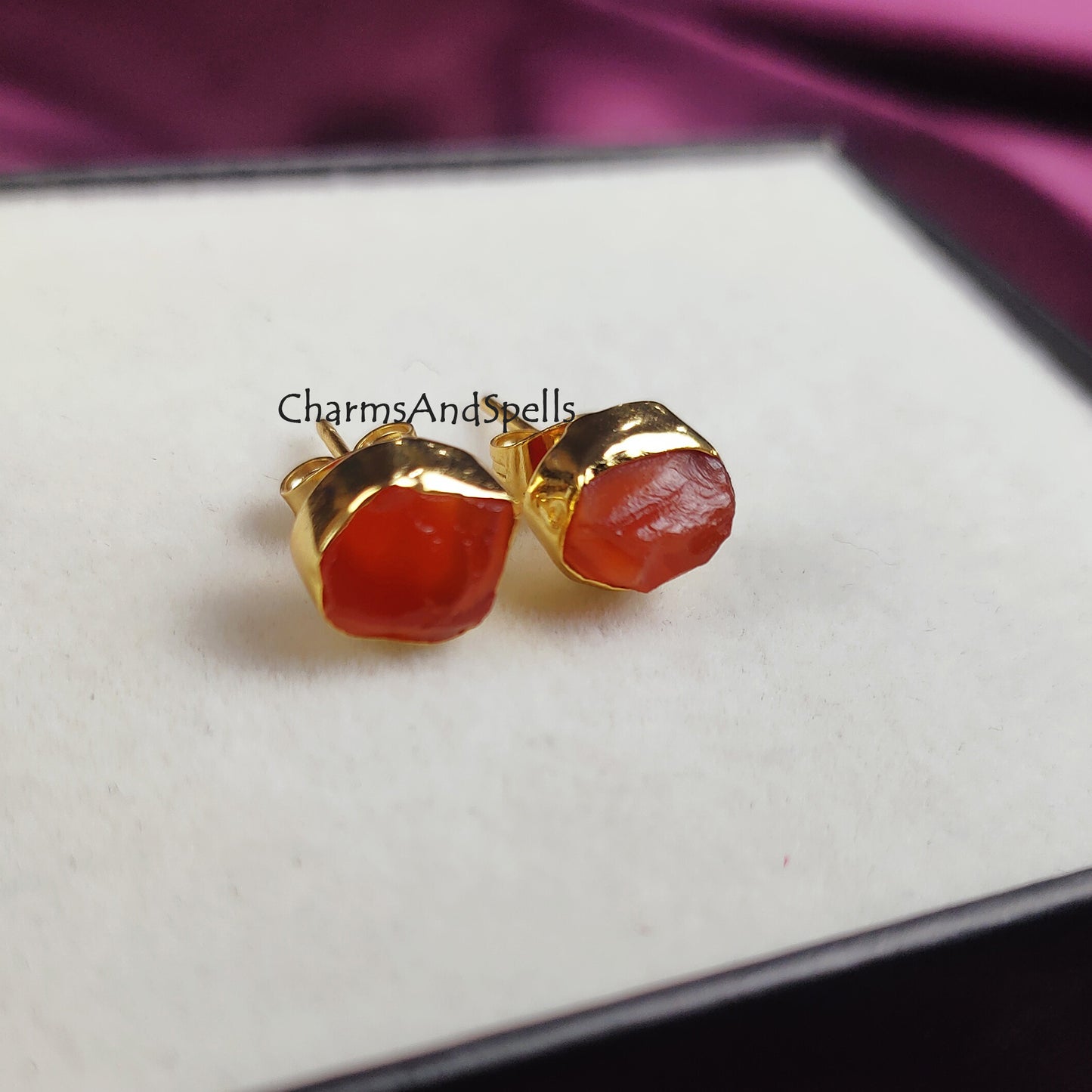 Rough Carnelian Earrings, Carnelian Earrings, Raw Stone Stud Earrings, Confidence Stone, Energy, Manifestation, Solar Plexus,14K Gold Plated