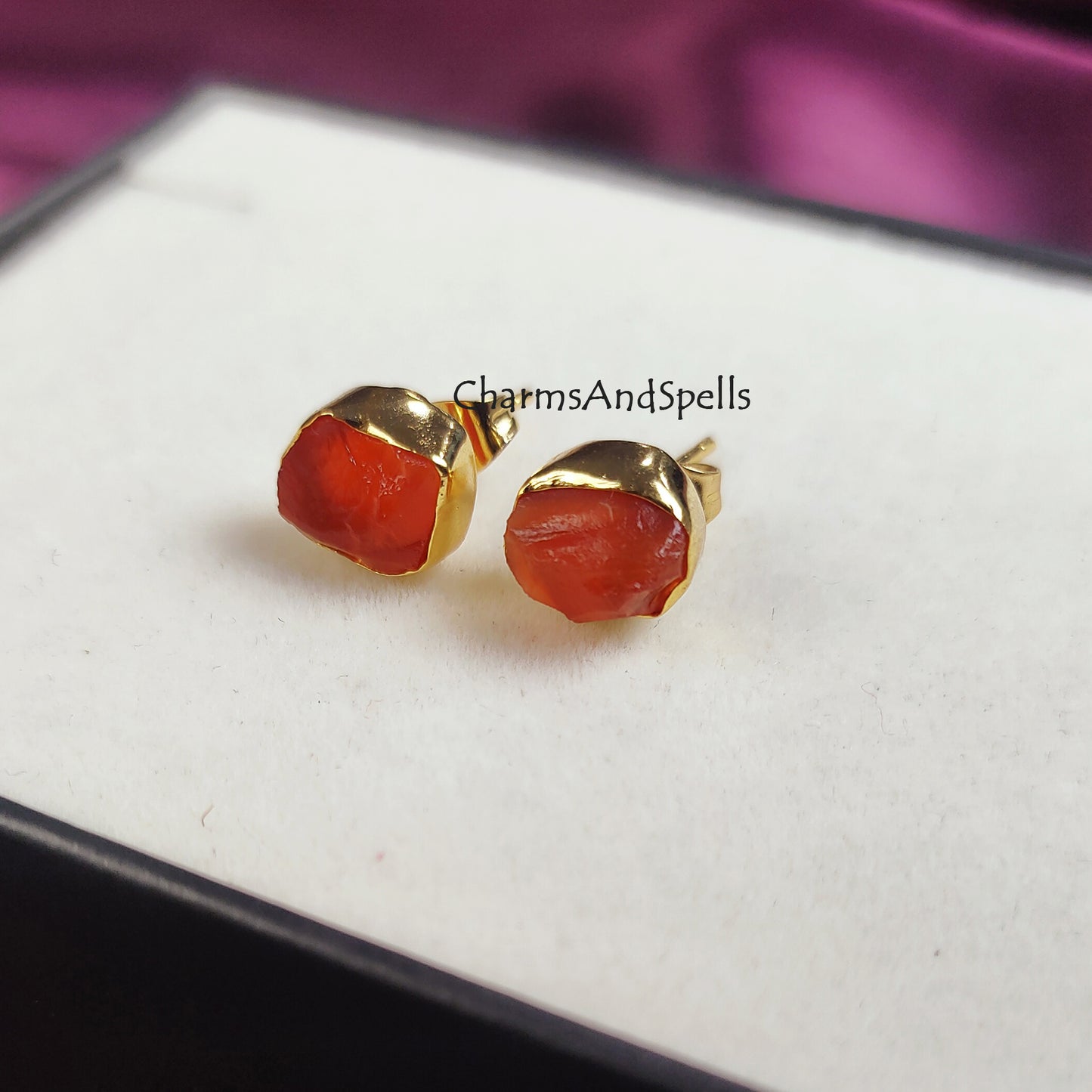 Rough Carnelian Earrings, Carnelian Earrings, Raw Stone Stud Earrings, Confidence Stone, Energy, Manifestation, Solar Plexus,14K Gold Plated