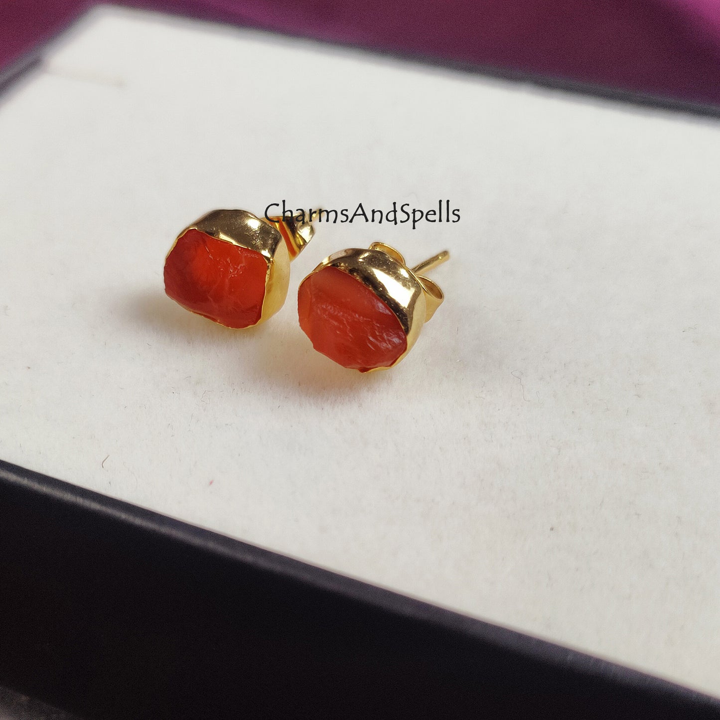 Rough Carnelian Earrings, Carnelian Earrings, Raw Stone Stud Earrings, Confidence Stone, Energy, Manifestation, Solar Plexus,14K Gold Plated