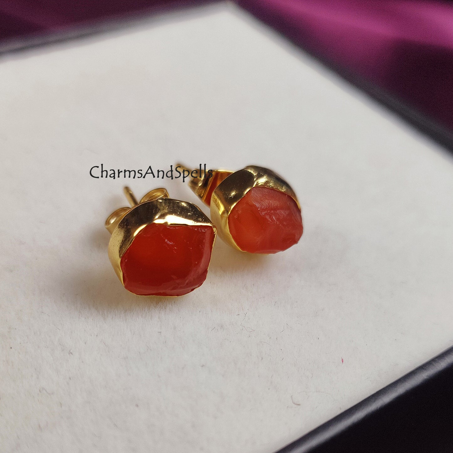 Rough Carnelian Earrings, Carnelian Earrings, Raw Stone Stud Earrings, Confidence Stone, Energy, Manifestation, Solar Plexus,14K Gold Plated