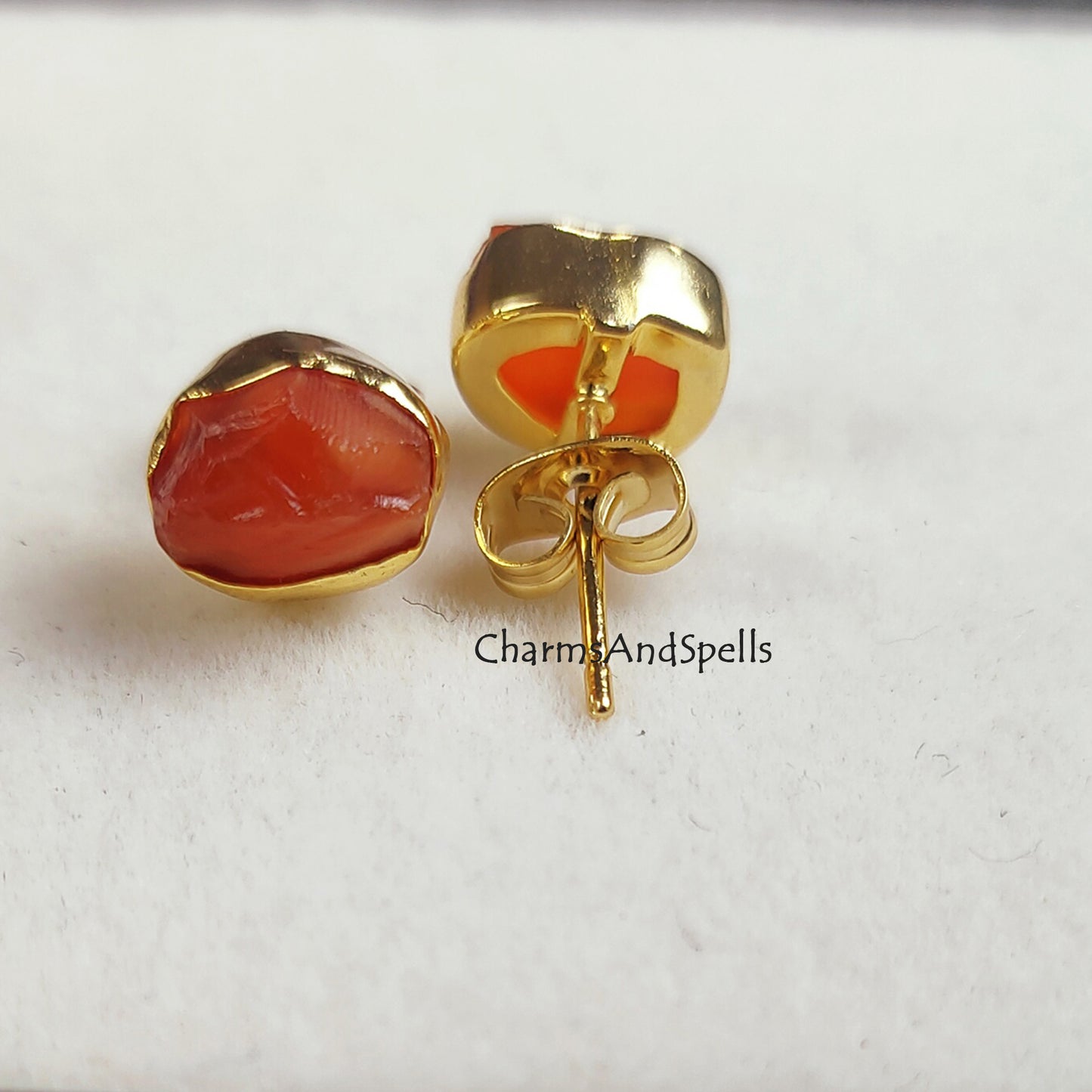 Rough Carnelian Earrings, Carnelian Earrings, Raw Stone Stud Earrings, Confidence Stone, Energy, Manifestation, Solar Plexus,14K Gold Plated