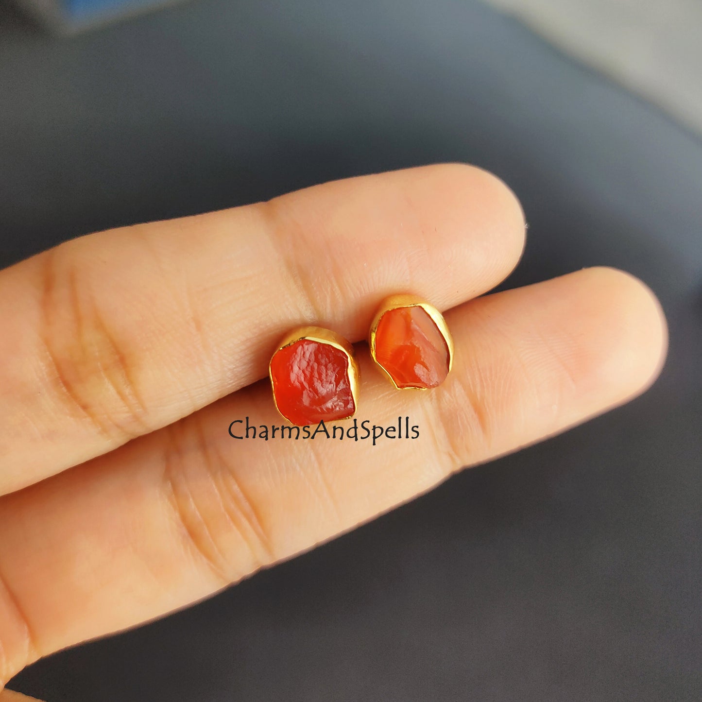 Rough Carnelian Earrings, Carnelian Earrings, Raw Stone Stud Earrings, Confidence Stone, Energy, Manifestation, Solar Plexus,14K Gold Plated