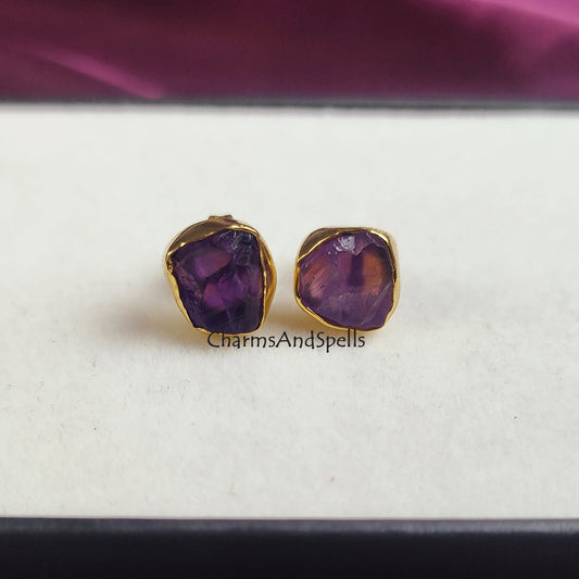 Raw Amethyst Earrings, Gemstone Stud Earrings, Amethyst Stud Earrings, February Birthstone Gift, Purple Crystal Earrings, Raw Stone Posts