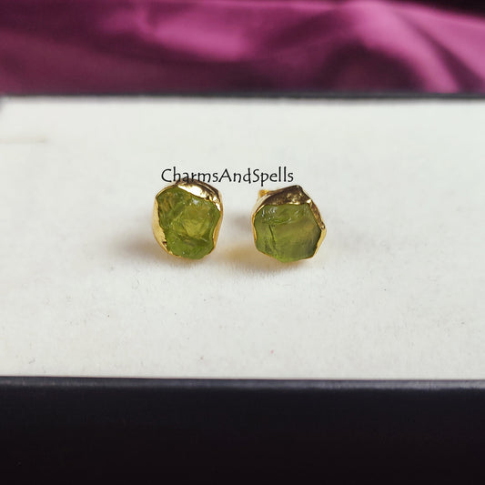 Green peridot studs, raw peridot earrings, august birthstone studs, raw crystal earrings, natural peridot earrings, green stone studs, Gift