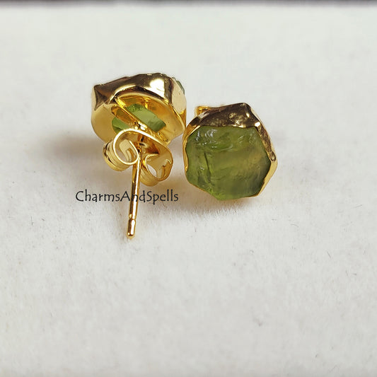 Green peridot studs, raw peridot earrings, august birthstone studs, raw crystal earrings, natural peridot earrings, green stone studs, Gift