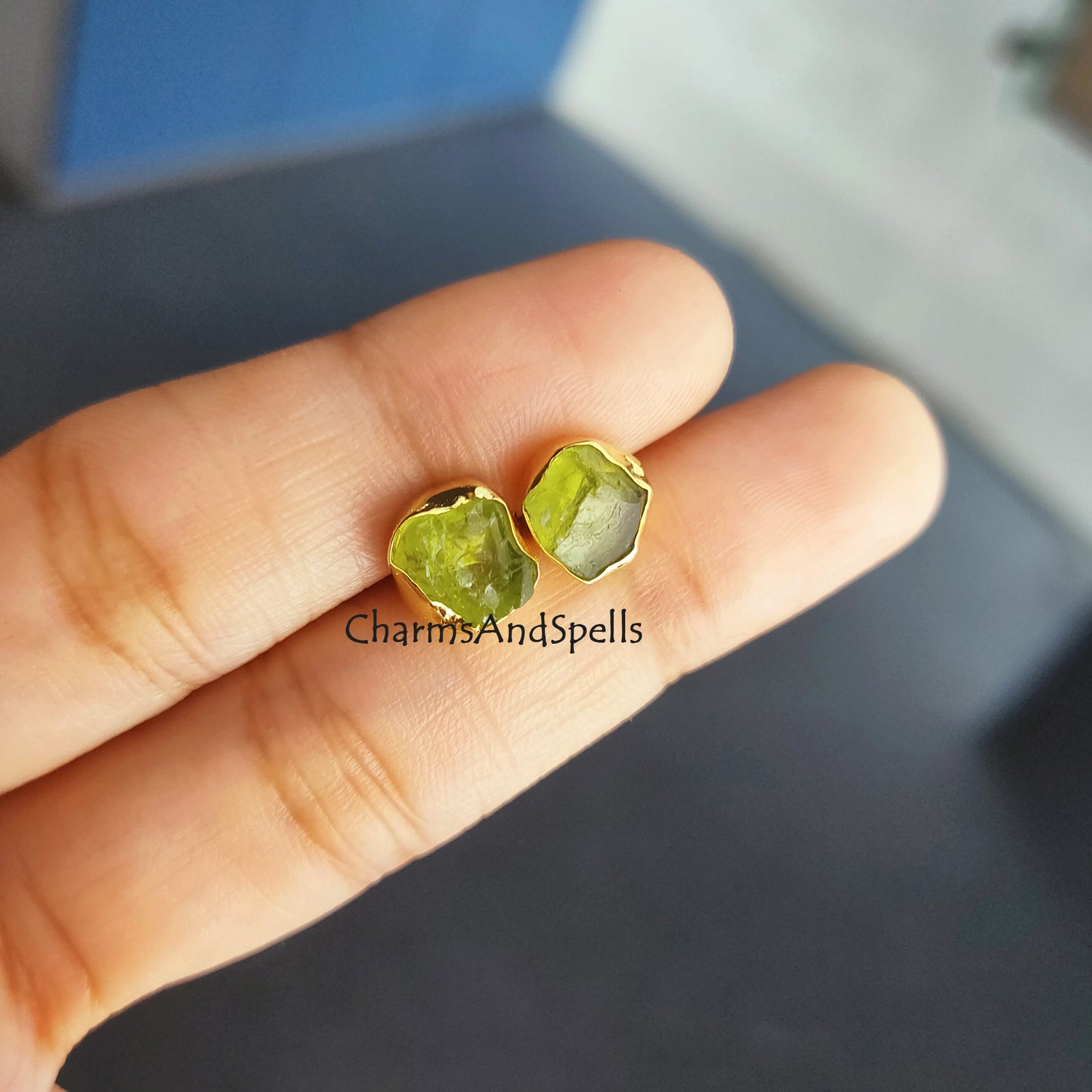 Green peridot studs, raw peridot earrings, august birthstone studs, raw crystal earrings, natural peridot earrings, green stone studs, Gift