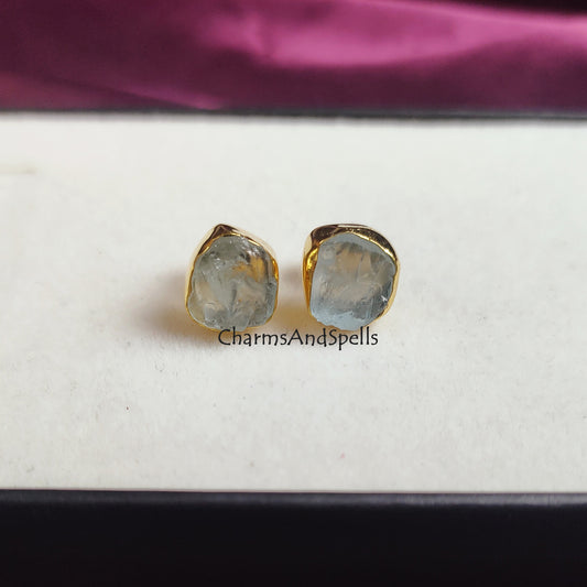 Raw Natural Aquamarine Crystal Stud, Aquamarine Post Earrings, Ready to Gift for March, Birthday Gift, Minimal Raw Gemstone Studs, Gift Her