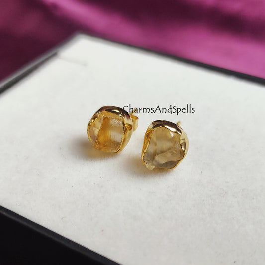 Raw Citrine Earrings, Dainty Citrine Jewelry, November Birthstone Earrings, Yellow Studs, Raw Crystal Earrings, Gold Plated Stud Earrings